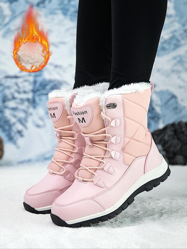 Women's Fashionable Letter Patched Design Lace Up Snow Boots, Casual Warm Ankle Boots for Winter, Female All-match Round Toe Boots for Daily Wear