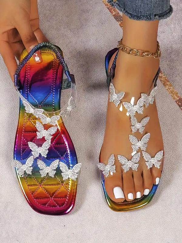 Women's Butterfly Design Rhinestone & Faux Pearl Decorated Slip on Square Toe Sandals for Summer Beach Vacation, Designer Breathable Shoes