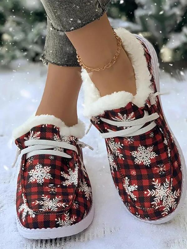 Women's Christmas Themed Lace Up Plush Lined Sneakers, Casual Comfortable Soft Sole Shoes for Fall & Winter, Female All-match Round Toe Shoes for Daily Wear