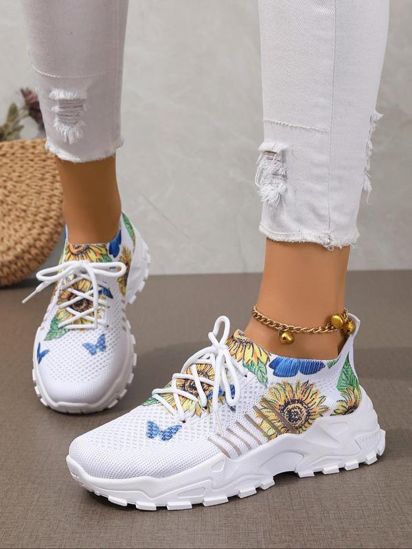 Women's Fashionable Sunflower Pattern Lace Up Low Top Sneakers, Casual Comfortable Breathable Sports Running Shoes, All-match Basic Shoes for Daily Wear