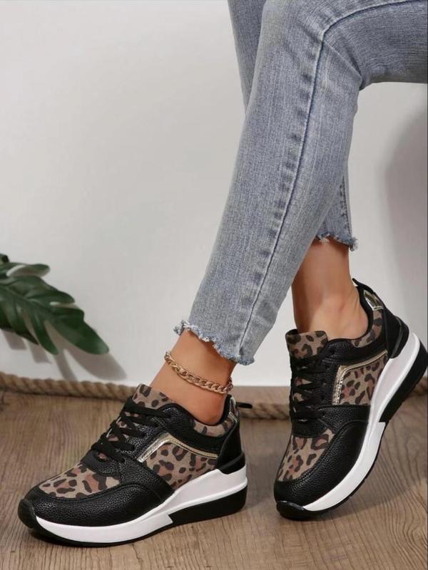 Women's Fashion Leopard Print Lace Up Low Top Sneakers, Casual Comfortable Sports Running Shoes, Female All-match Round Toe Shoes for Daily Wear