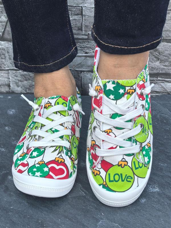 Women's Fashionable Cartoon Print Lace Up Low Top Sneakers, Casual Comfortable Breathable Sports Shoes, Female All-match Round Toe Shoes for Daily Wear