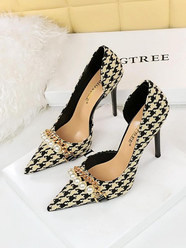 Women's Fashionable Houndstooth Pattern Pointed Toe High Heel Shoes, Elegant Slip on Shoes for Party, Daily Clothing Decor for Women & Girls