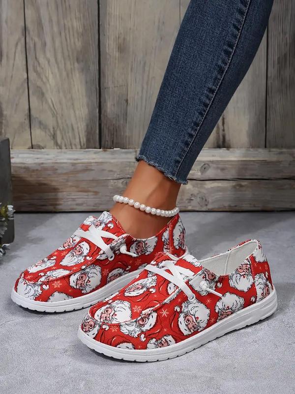 Women's Cartoon Santa Claus Print Lace Up Low Top Sneakers, Casual Comfortable Sports Shoes for Outdoor, Female All-match Round Toe Shoes for Daily Wear