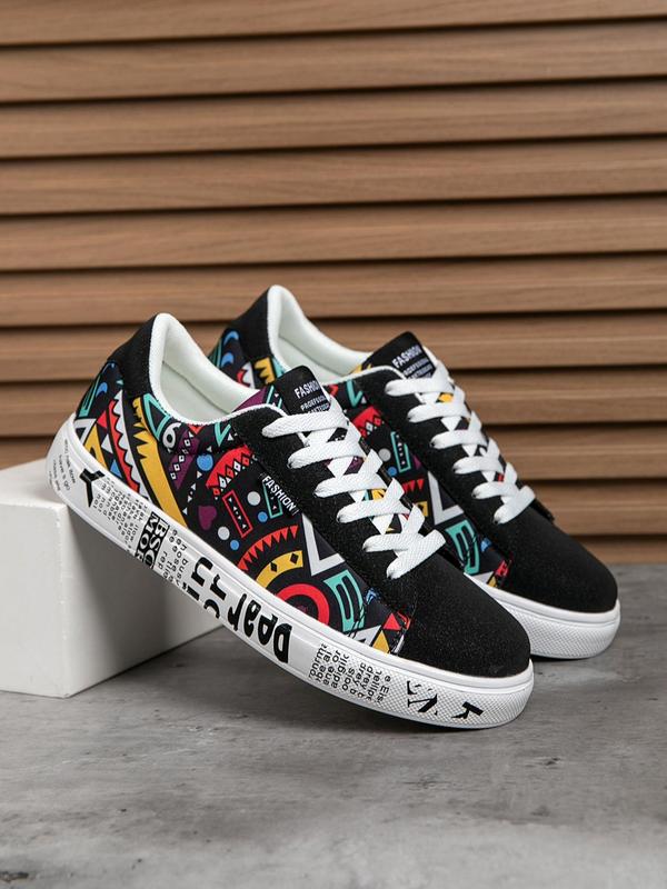 Men's Geometric Print Colorblock Skate Shoes, Lace Up Low Top Skate Shoes, Casual Comfortable Breathable Sneakers, Male All-match Round Toe Shoes for Daily Wear