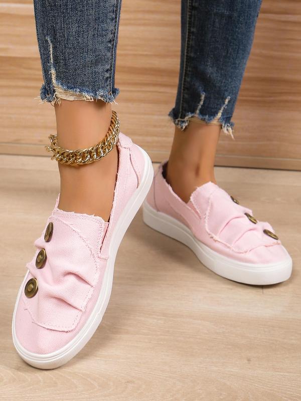 Women's Fashion Plain Color Lace Up Low Top Flats Shoes, Casual Comfort Buttons Decor Round Toe Lazy Walking Shoes for Daily Wear, Female All-match Basic Shoes