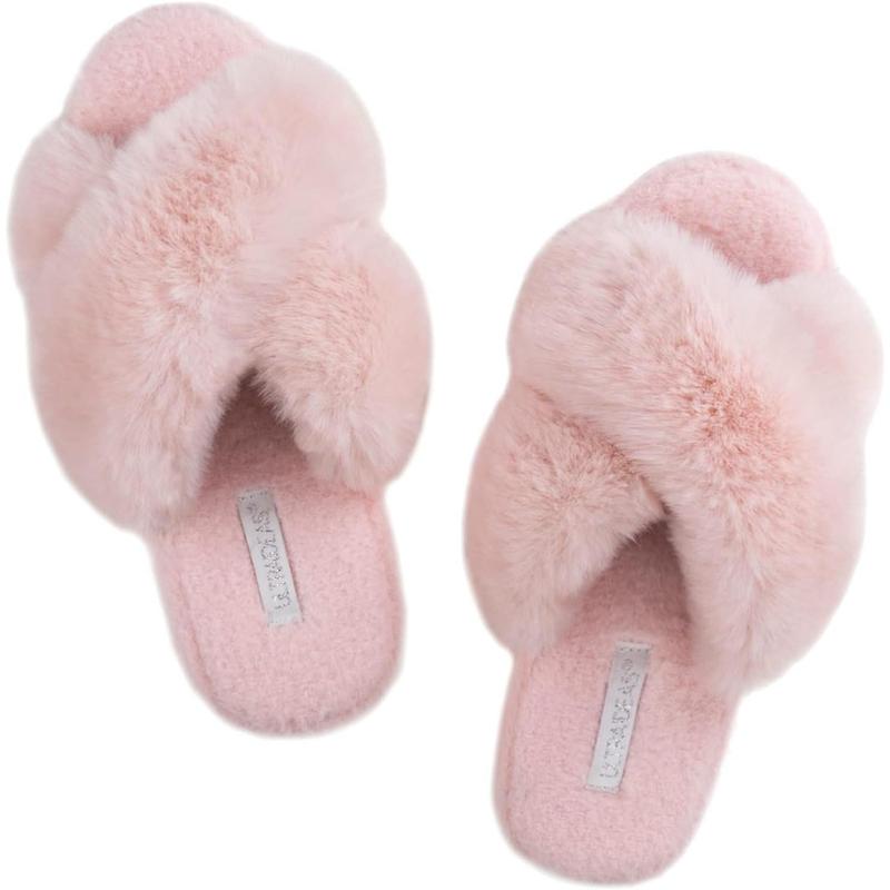 ULTRAIDEAS Women's Fuzzy Cross Band House Slippers with Cozy Faux Fur, Ladies Open Toe Indoor Outdoor Slip on Slippers