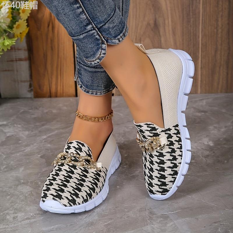 Women's Houndstooth Sock Shoes, Chain Decor Knitted Low Top Slip On Sneakers, Casual Breathable Walking Shoes Footwear Girl