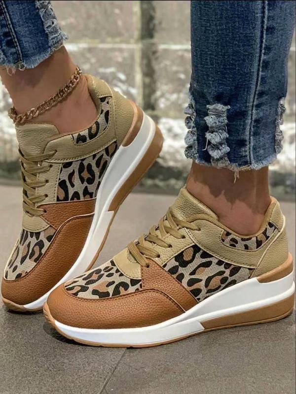 Women's Fashion Leopard Print Lace Up Low Top Sneakers, Casual Comfortable Sports Running Shoes, Female All-match Round Toe Shoes for Daily Wear