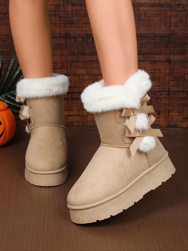 Women's Bow Decorated Plush Snow Boots, Casual Warm Fluffy Ankle Boots for Winter, Female All-match Round Toe Shoes for Daily Wear