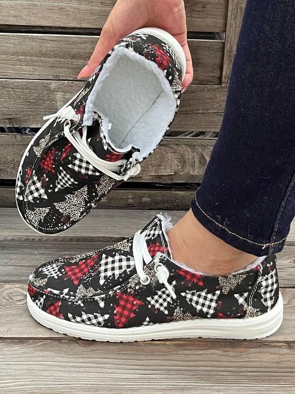 Women's Fashionable Plaid & Tree Print Lace Up Low Top Sneakers, Casual Comfortable Warm Sports Running Shoes for Fall & Winter, Female All-match Round Toe Shoes for Daily Wear