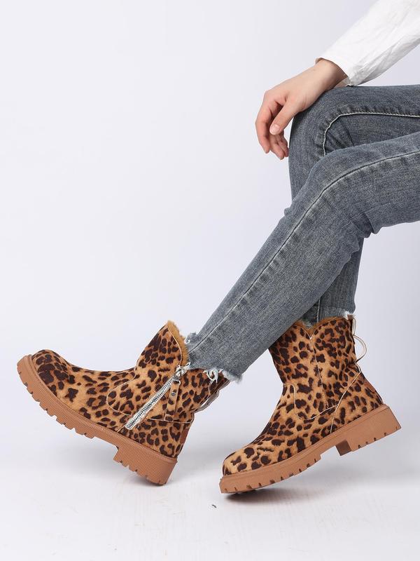 Women's Fashion Leopard Print Zipper Design Ankle Boots, Casual Warm Snow Boots for Fall & Winter, Female All-match Trendy Shoes for Daily Wear