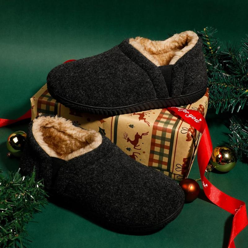 Men's fuzzy wool fleece slippers with cozy memory foam, indoor outdoor closed back house shoes with non-skid rubber sole hard bottom