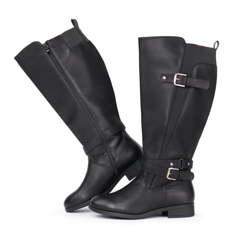 Women's Extra Wide Calf Low Heel Ankle Strap Sleek Design Knee High Riding Boots