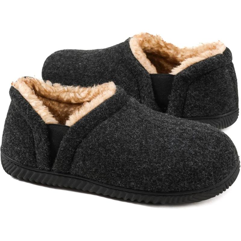 Men's fuzzy wool fleece slippers with cozy memory foam, indoor outdoor closed back house shoes with non-skid rubber sole hard bottom