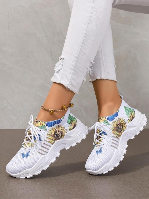 Women's Fashionable Sunflower Pattern Lace Up Low Top Sneakers, Casual Comfortable Breathable Sports Running Shoes, All-match Basic Shoes for Daily Wear