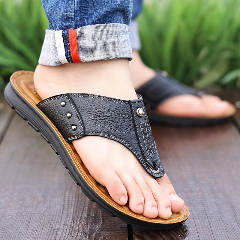 Men's Imitation Leather Sports Sandals and Slippers-Slide-on Solid Color Casual Shoes, Pu Liner, No Insole and Durable Pu Sole-Men's Outdoor Comfortable Sandals