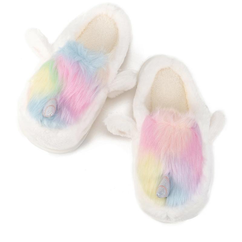 Creative cute girly heart colorful unicorn furry shoes soft sole non-slip women's winter fashion home