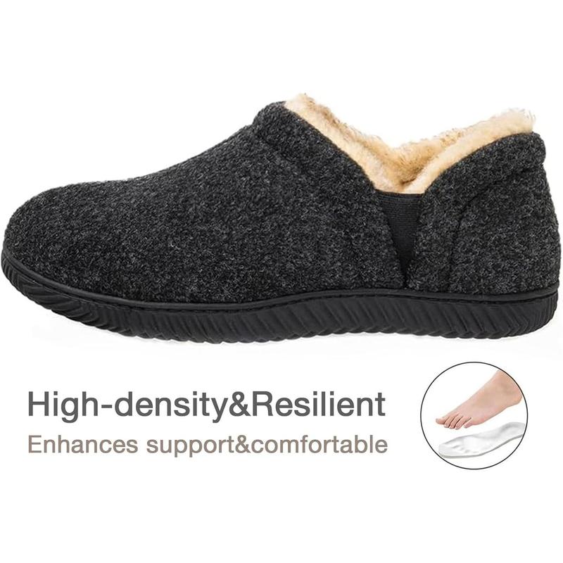 Men's fuzzy wool fleece slippers with cozy memory foam, indoor outdoor closed back house shoes with non-skid rubber sole hard bottom