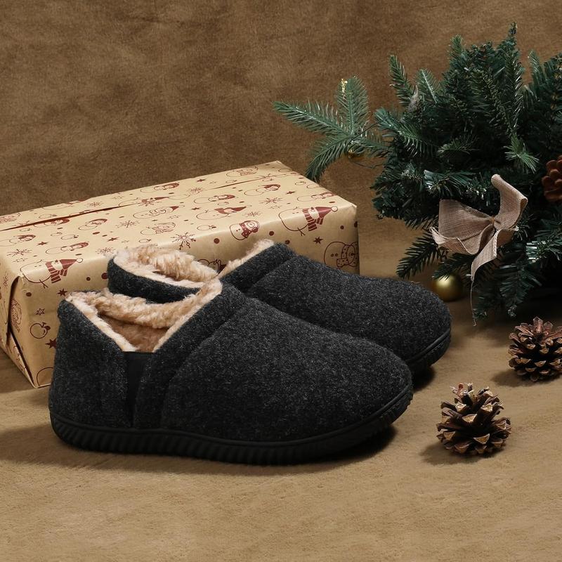 Men's fuzzy wool fleece slippers with cozy memory foam, indoor outdoor closed back house shoes with non-skid rubber sole hard bottom