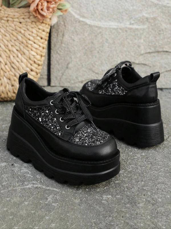 Women's Fashionable Contrast Sequin Decor Lace Up Platform Shoes, Punk Style Wedge Shoes for Daily Life, Trendy All-match Y2k Flatform Shoes for Party