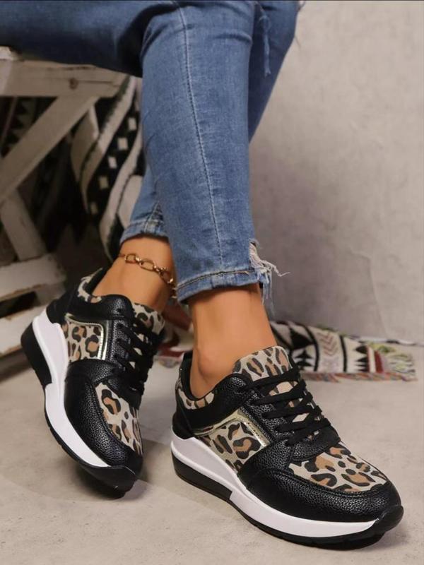 Women's Fashion Leopard Print Lace Up Low Top Sneakers, Casual Comfortable Sports Running Shoes, Female All-match Round Toe Shoes for Daily Wear