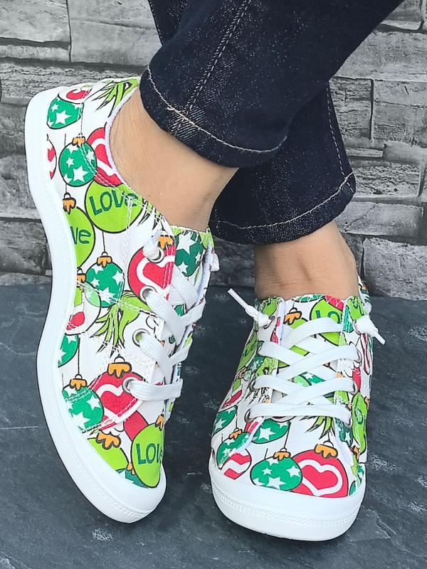 Women's Fashionable Cartoon Print Lace Up Low Top Sneakers, Casual Comfortable Breathable Sports Shoes, Female All-match Round Toe Shoes for Daily Wear