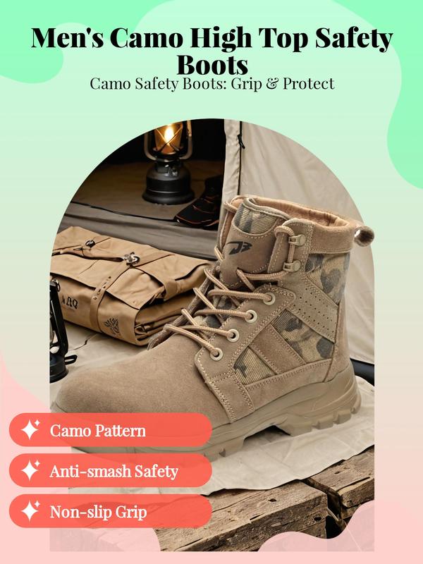 Camo Pattern Lace Up High Top Safety Boots for Men, Boots for Fall 2024, Outdoor Work Safety Walking Shoes, Comfort Non-slip Anti-smash Shoes for Men, Footwear