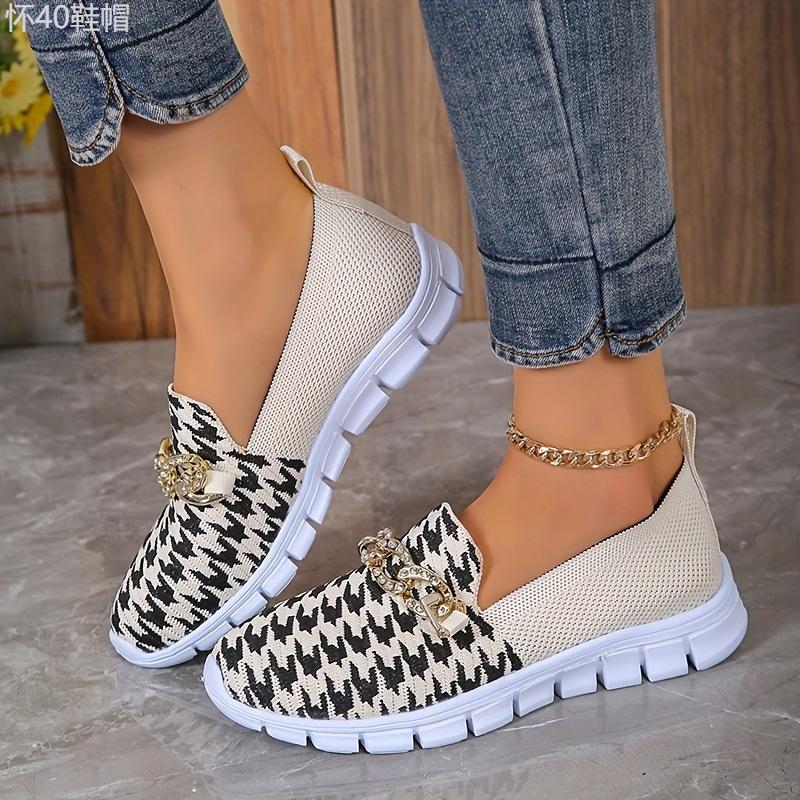 Women's Houndstooth Sock Shoes, Chain Decor Knitted Low Top Slip On Sneakers, Casual Breathable Walking Shoes Footwear Girl