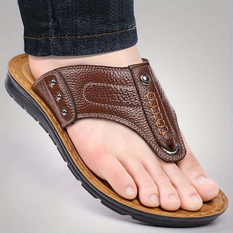 Men's Imitation Leather Sports Sandals and Slippers-Slide-on Solid Color Casual Shoes, Pu Liner, No Insole and Durable Pu Sole-Men's Outdoor Comfortable Sandals