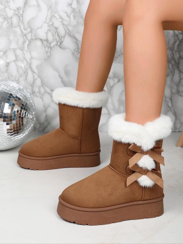 Women's Bow Decorated Plush Snow Boots, Casual Warm Fluffy Ankle Boots for Winter, Female All-match Round Toe Shoes for Daily Wear