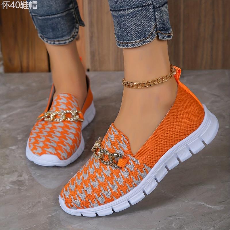 Women's Houndstooth Sock Shoes, Chain Decor Knitted Low Top Slip On Sneakers, Casual Breathable Walking Shoes Footwear Girl