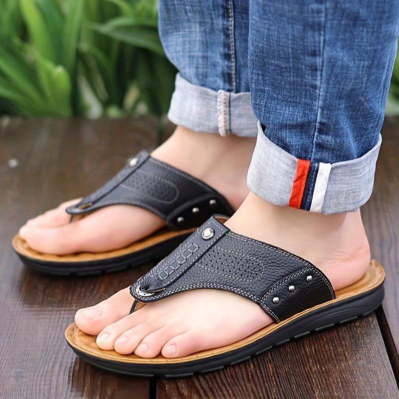 Men's Imitation Leather Sports Sandals and Slippers-Slide-on Solid Color Casual Shoes, Pu Liner, No Insole and Durable Pu Sole-Men's Outdoor Comfortable Sandals