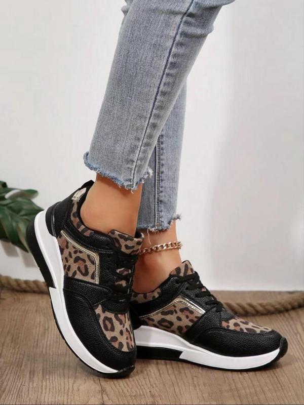 Women's Fashion Leopard Print Lace Up Low Top Sneakers, Casual Comfortable Sports Running Shoes, Female All-match Round Toe Shoes for Daily Wear