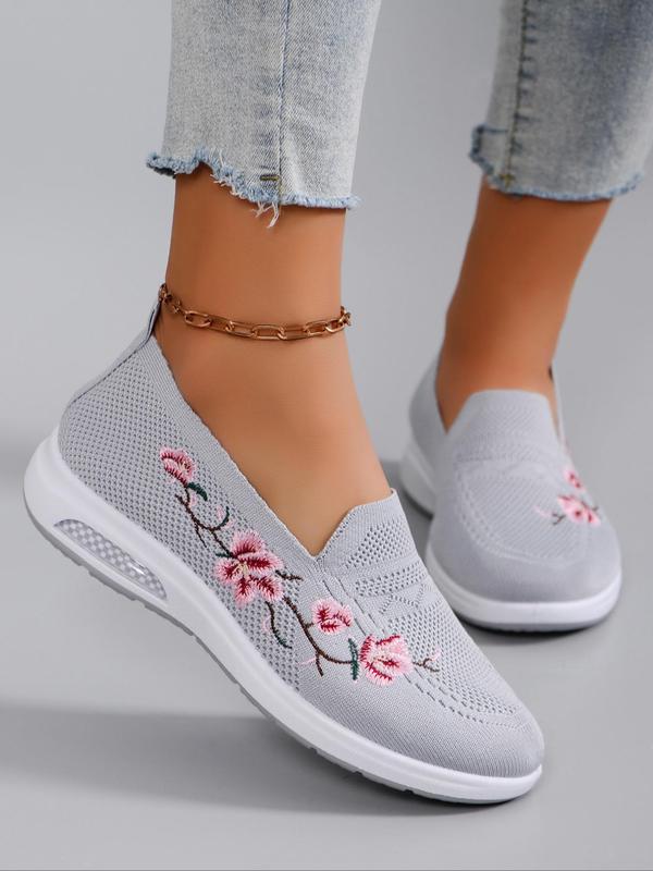 Women's Fashionable Floral Embroidery Slip-on Low Top Sneakers, 2024 New Style Summer Casual Comfortable Breathable Lightweight Sports Running Shoes, All-match Commuter Shoes for Work & Daily Wear