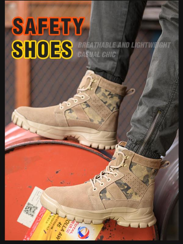 Camo Pattern Lace Up High Top Safety Boots for Men, Boots for Fall 2024, Outdoor Work Safety Walking Shoes, Comfort Non-slip Anti-smash Shoes for Men, Footwear