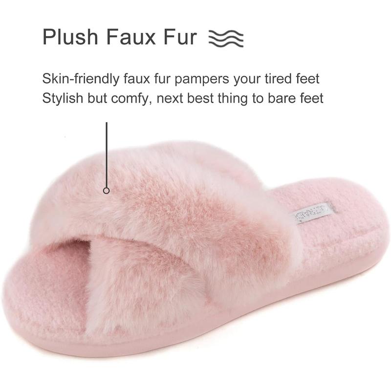 ULTRAIDEAS Women's Fuzzy Cross Band House Slippers with Cozy Faux Fur, Ladies Open Toe Indoor Outdoor Slip on Slippers