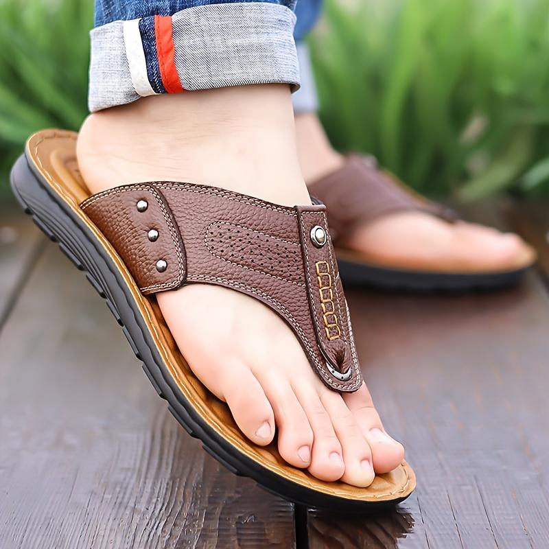 Men's Imitation Leather Sports Sandals and Slippers-Slide-on Solid Color Casual Shoes, Pu Liner, No Insole and Durable Pu Sole-Men's Outdoor Comfortable Sandals