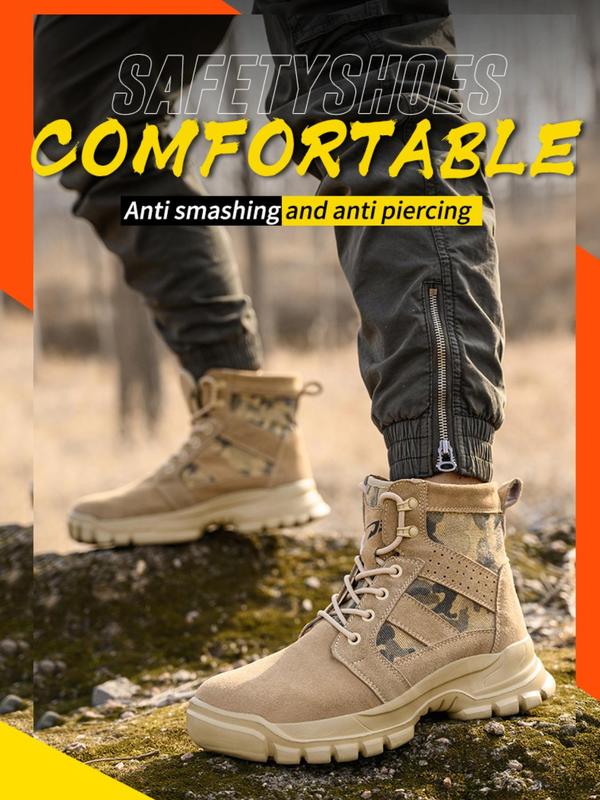 Camo Pattern Lace Up High Top Safety Boots for Men, Boots for Fall 2024, Outdoor Work Safety Walking Shoes, Comfort Non-slip Anti-smash Shoes for Men, Footwear