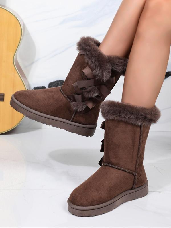 Women's Bow Decorated Plush Snow Boots, Casual Warm Fluffy Ankle Boots for Winter, Female All-match Round Toe Shoes for Daily Wear