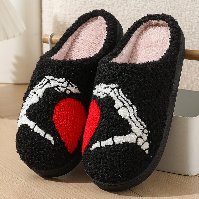 Halloween Skeleton Hand Cartoon Cotton Slippers for Couples, Warm Winter Footwear for Men and Women - Walking Shoes Girl Slide