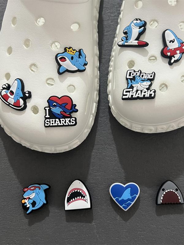 10pcs set 2024 New Cute Cartoon Shark Clogs Charm, Cute Trendy Shoes Decoration, Fashionable Shoes Decorations for Kids & Adults As Birthday Gift