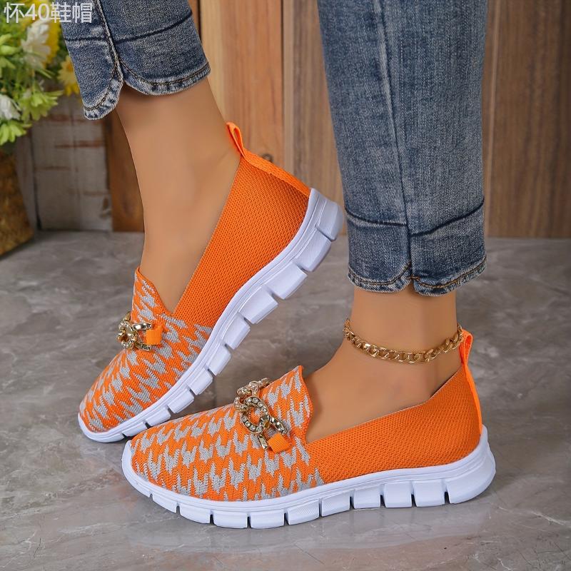 Women's Houndstooth Sock Shoes, Chain Decor Knitted Low Top Slip On Sneakers, Casual Breathable Walking Shoes Footwear Girl