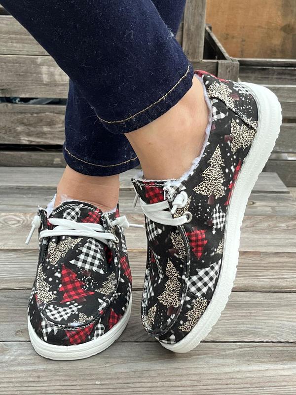 Women's Fashionable Plaid & Tree Print Lace Up Low Top Sneakers, Casual Comfortable Warm Sports Running Shoes for Fall & Winter, Female All-match Round Toe Shoes for Daily Wear