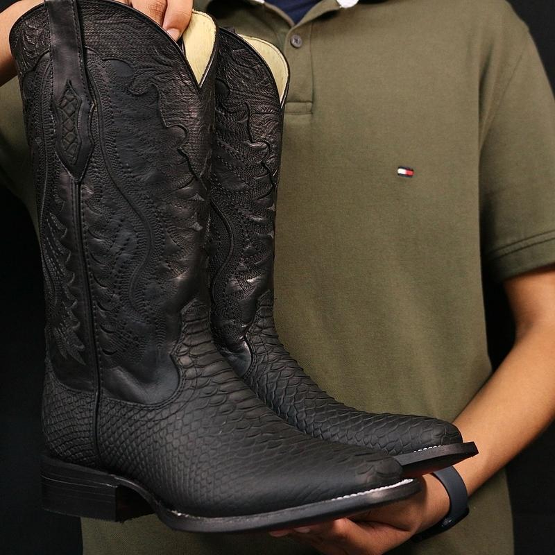 Men’s Matte Black Python Leather Boots