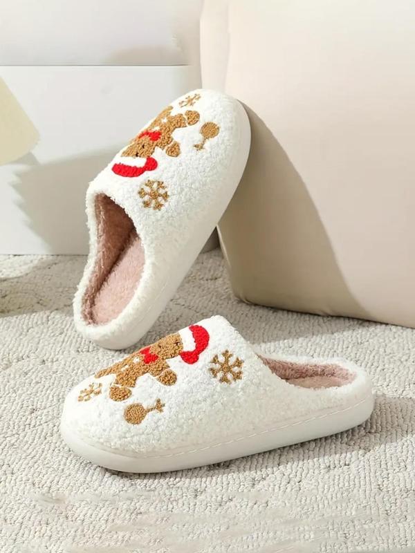 Women's Cute Cartoon Gingerbread Man Design Plush Slippers, Casual Soft Comfortable Home Slippers, Warm Slippers for Indoor & Outdoor Use for Fall & Winter