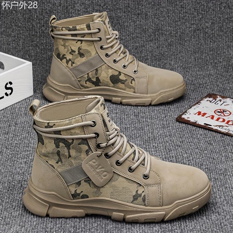 MAINALUN Men's Camouflage Tactical Boots - Preppy Casual Trendy Style, Solid Lace-Up Short Boots for Hiking & Daily Wear, Spring Fall All-Season, Round Toe, PU & Fabric Upper, Fabric Inner & Insole, PVC Sole Boy Walking Shoes Footwear Closed  Decor  Decor