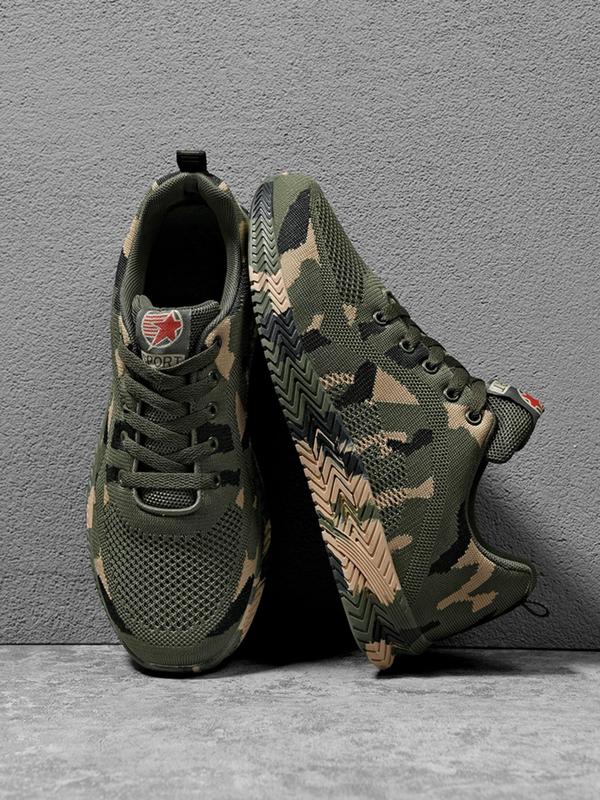 Summer 2024 Random Camo Print Lace Up Low Top Shoes for Men, Casual Sporty Breathable Running Walking Shoes for Training for Outdoor Workout, Male Round Toe Work Shoes for Fall Outfits & Fall Freshness