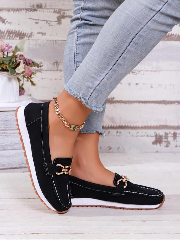 Women's Fashionable Chain Decorated Loafers, Casual Comfortable Solid Color Round Toe Slip on Shoes for Daily Wear, Lightweight Breathable Shoes for All Seasons