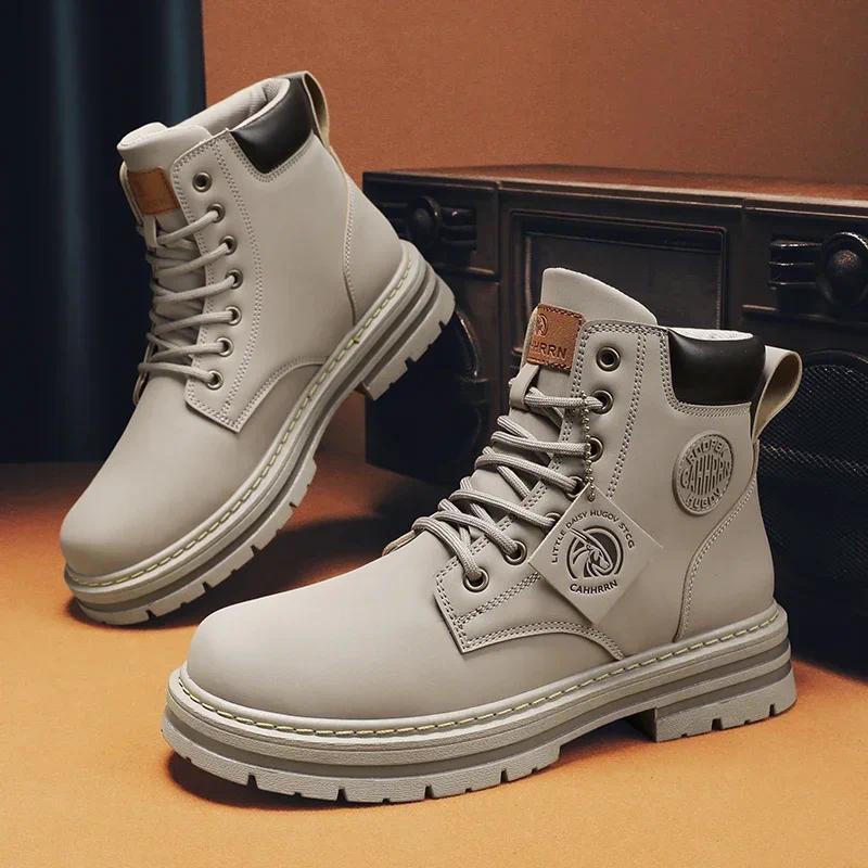 Retro Casual High Top Boots for Men Winter Chunky Rhubarb Boots Men's Motorcycle Ankle Boots Lace-Up Work Footwear Botas Hombre